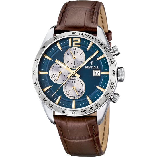 Orologio Uomo Festina Cronografo Blu Pelle Marrone Numeri Data F16760/7