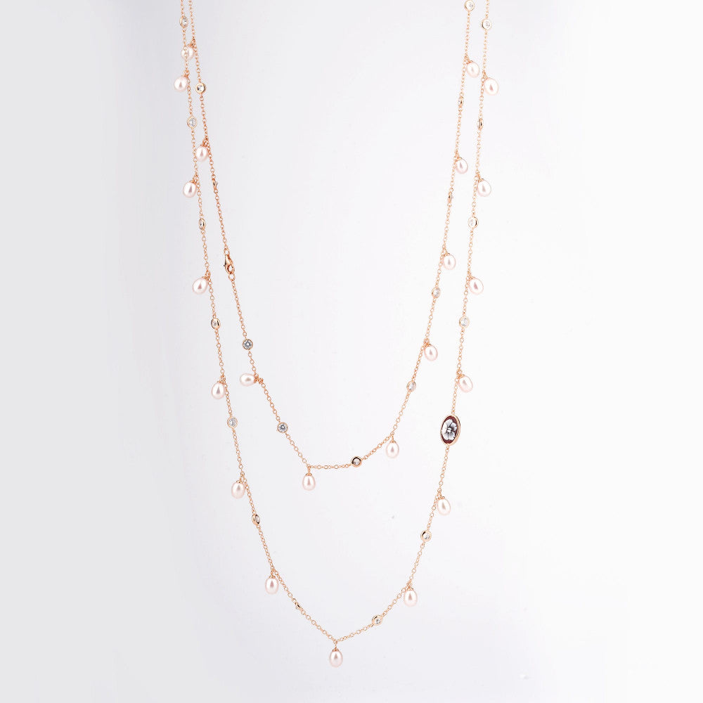 Collana Donna Cameo Italiano Argento Rosè 925 Lunga Perle Zirconi C4-R