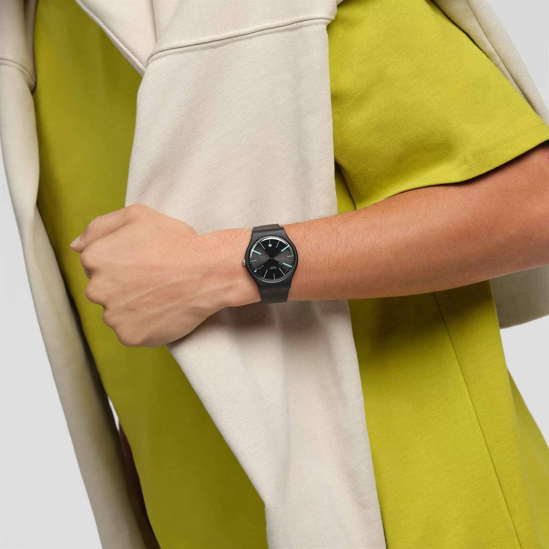 Orologio Unisex Swatch A Dash Of Green Quarzo Solo Tempo Nero Verde Data SO29B404