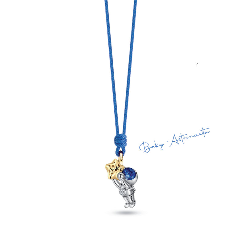 Collana Bambino Ragazzo Nanàn Argento 925 Astronauta Laccio Cotone Blu NAN0452