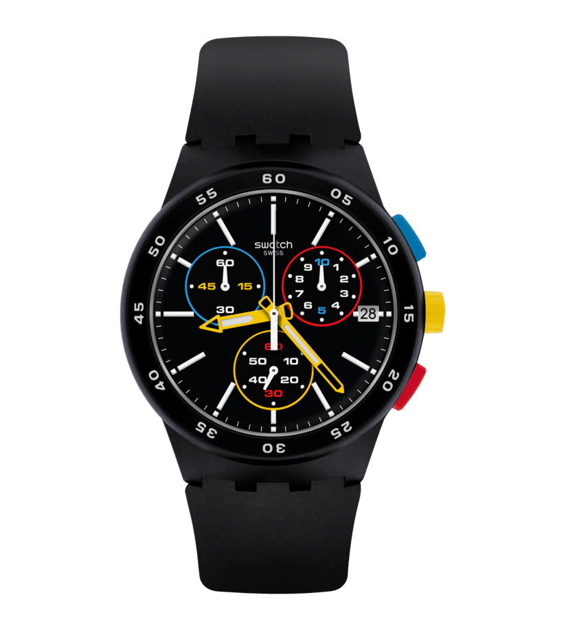 Orologio Uomo Swatch Quarzo Cronografo Data Nero Black One Tasti Colorati SUSB416