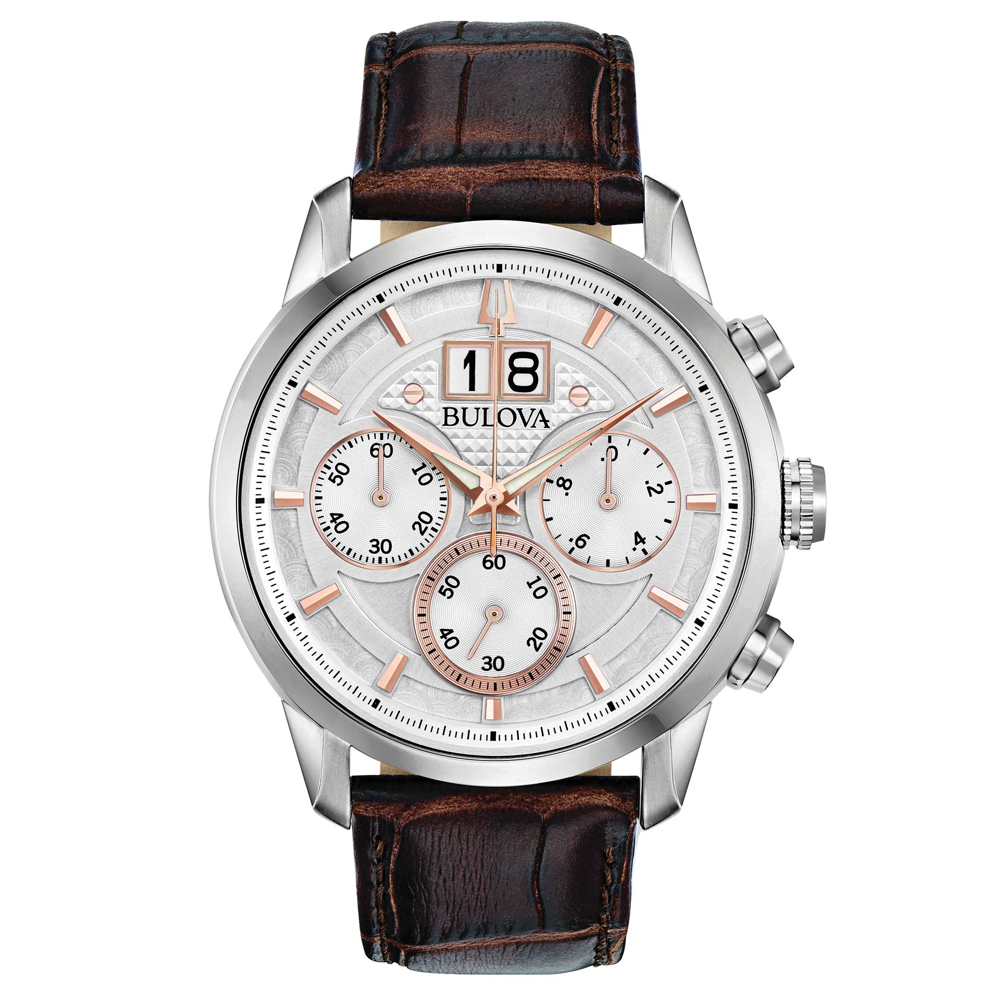 Orologio Uomo Bulova Quarzo Cronografo Sutton Big-Date Acciaio Marrone Pelle 96B309