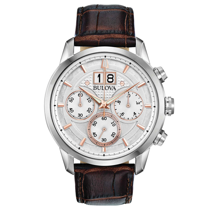 Orologio Uomo Bulova Quarzo Cronografo Sutton Big-Date Acciaio Marrone Pelle 96B309