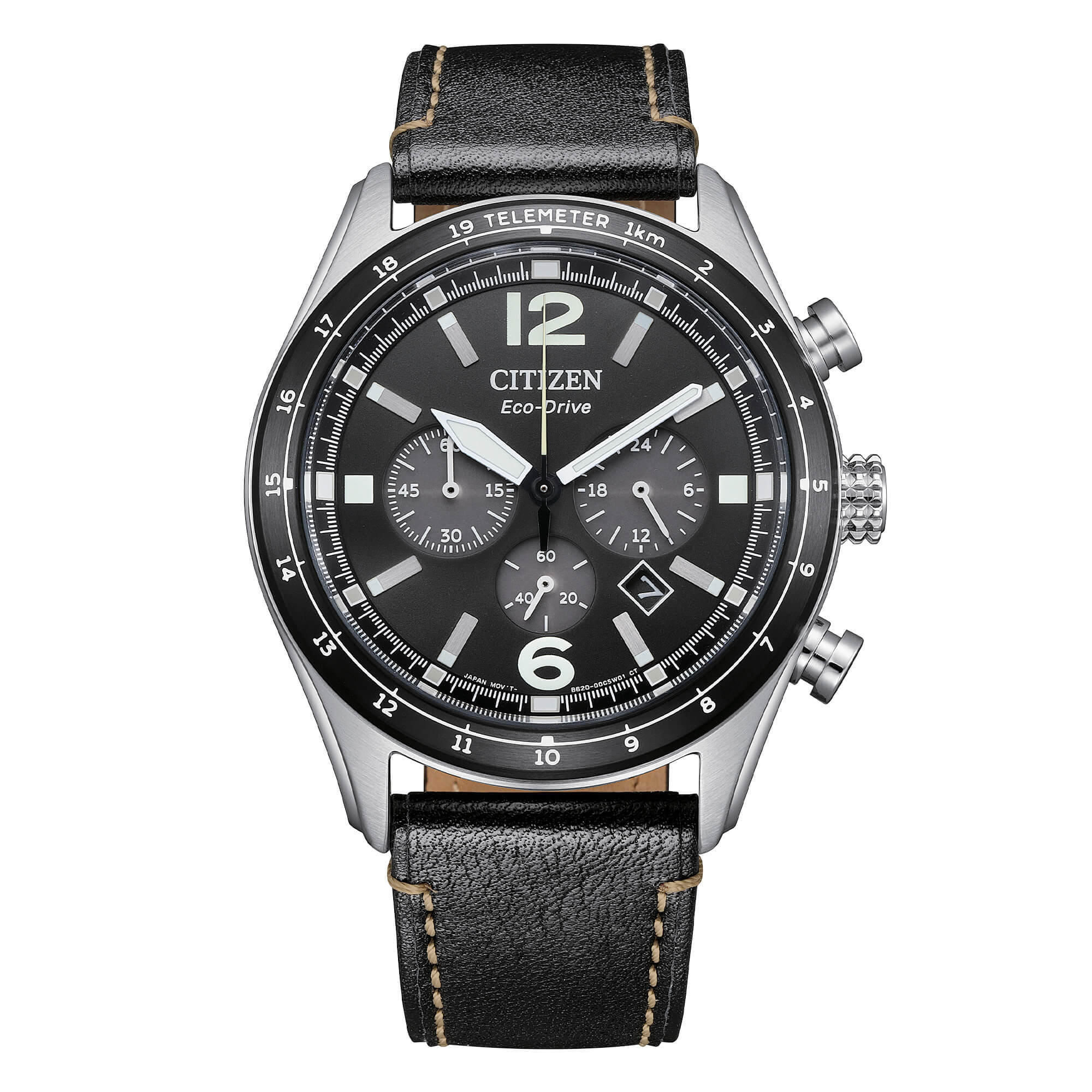 Orologio Uomo Citizen Nero Aviator Eco-Drive Cronografo Pelle Data CA4654-04E
