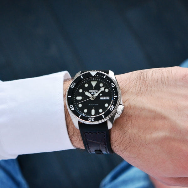 Orologio Uomo Seiko 5 Automatico Doppia Data Nero Acciaio Cinturino Pelle SRPD55K2