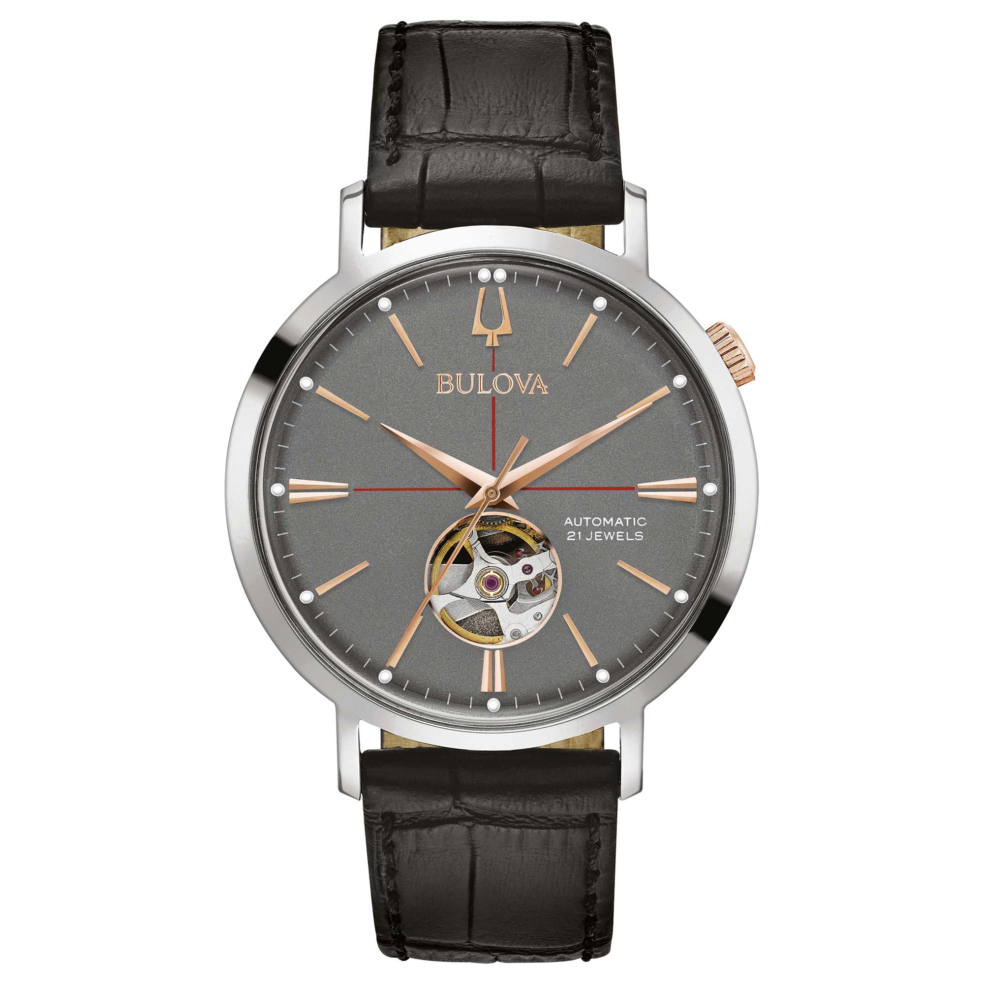 Orologio Uomo Bulova Automatico Aerojet Open Heart Pelle Nero Acciaio Grigio 98A187