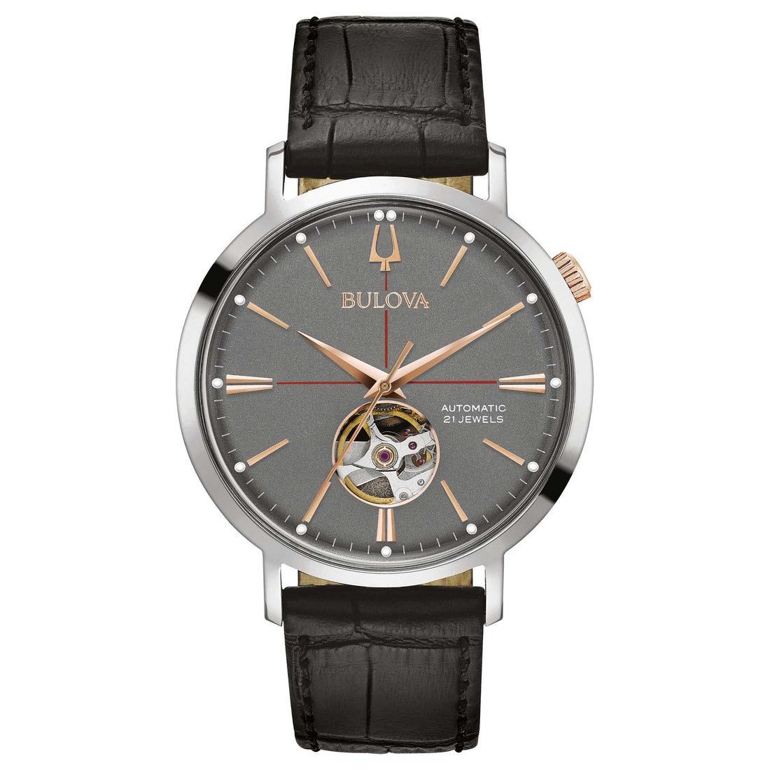 Orologio Uomo Bulova Automatico Aerojet Open Heart Pelle Nero Acciaio Grigio 98A187