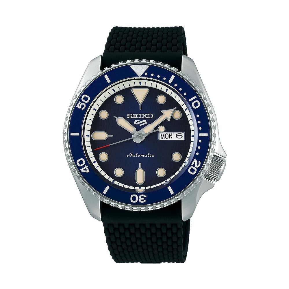 Orologio Uomo Acciaio Gomma SEIKO 5 Sport 43mm Automatico Doppia Data Nero Blu