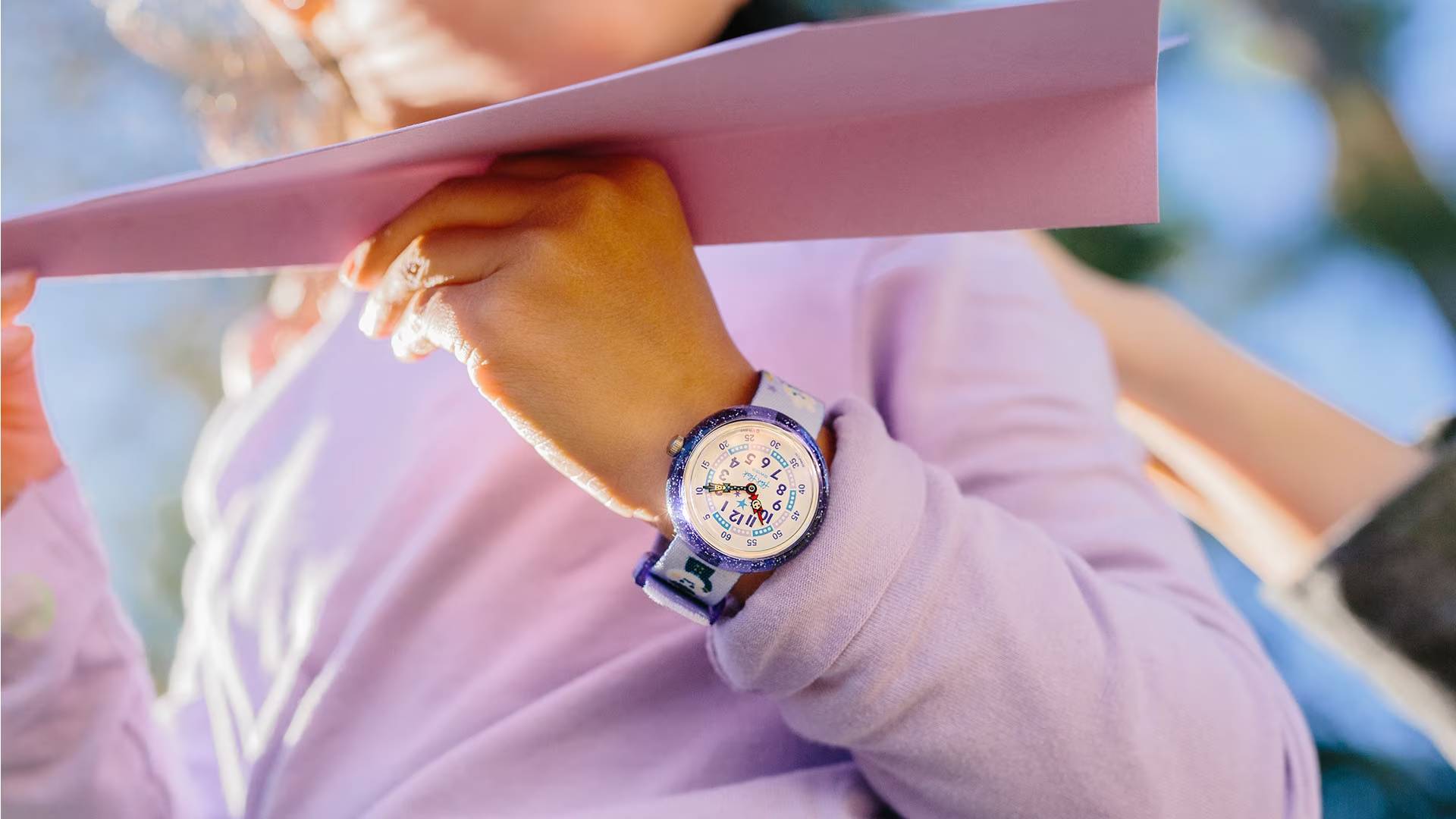 Orologio Bambina Swatch Flik Flak Chasing Clouds Gatti Viola Glitter ZFBNP220