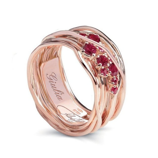 Anello 10 Fili Oro Rosa 18 KT Donna Filo della Vita Rubini ct 0.40 mis 15