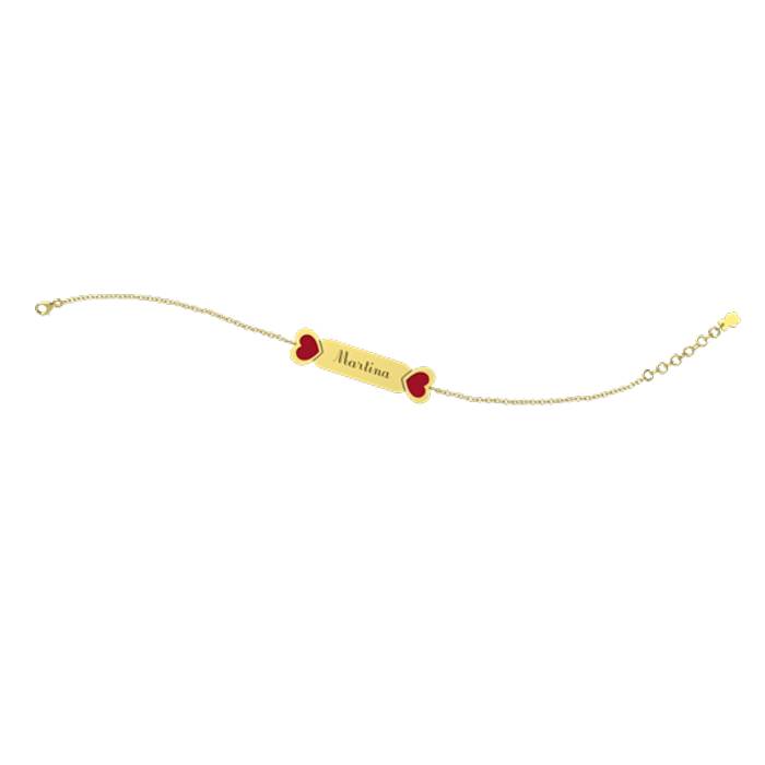 Bracciale Bambina Nanan Oro 9 KT Personalizzabile Due Cuori Rosso NGLD0025