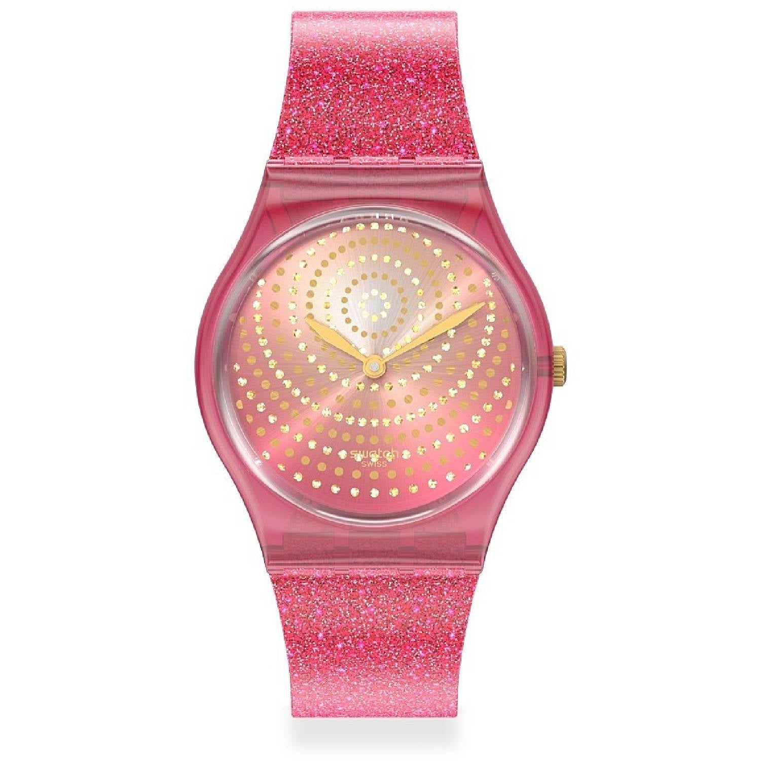 Orologio Donna Gomma Resina Swatch Quarz Solo Tempo Rosa Glitterato Zircon GP169