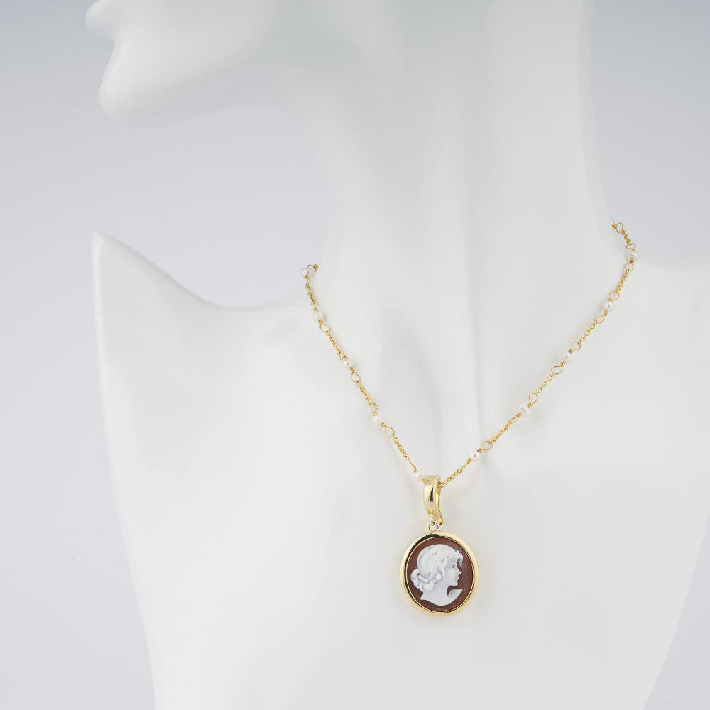Pendente Donna Cameo Italiano Argento Dorato 925 Donna Incisa Cammeo Marrone P21B-R