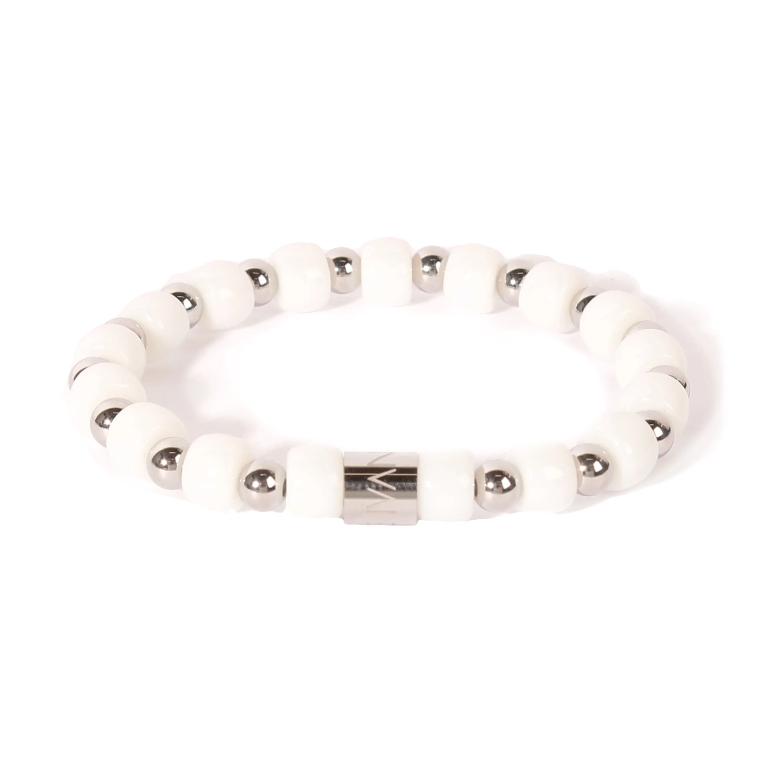 Bracciale Uomo Ivan Basile Elastico Acciaio Pietra Ceramica Bianco Perla LV_01-M