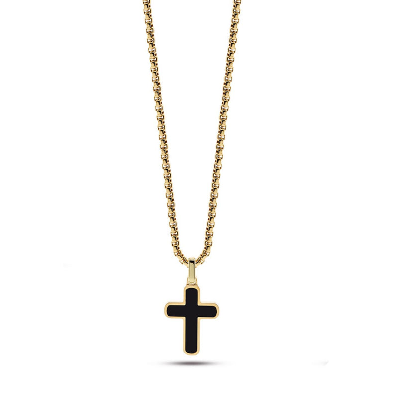 Collana Uomo Liu Jo Acciaio Dorato Croce Pietra Onice Nero MLJ426