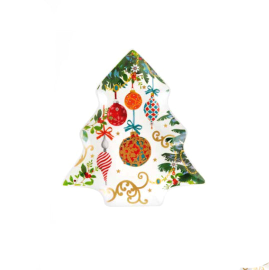 Vassoio Fade Porcellana Decorazione Natale Forma Albero Verde Rosso 57262