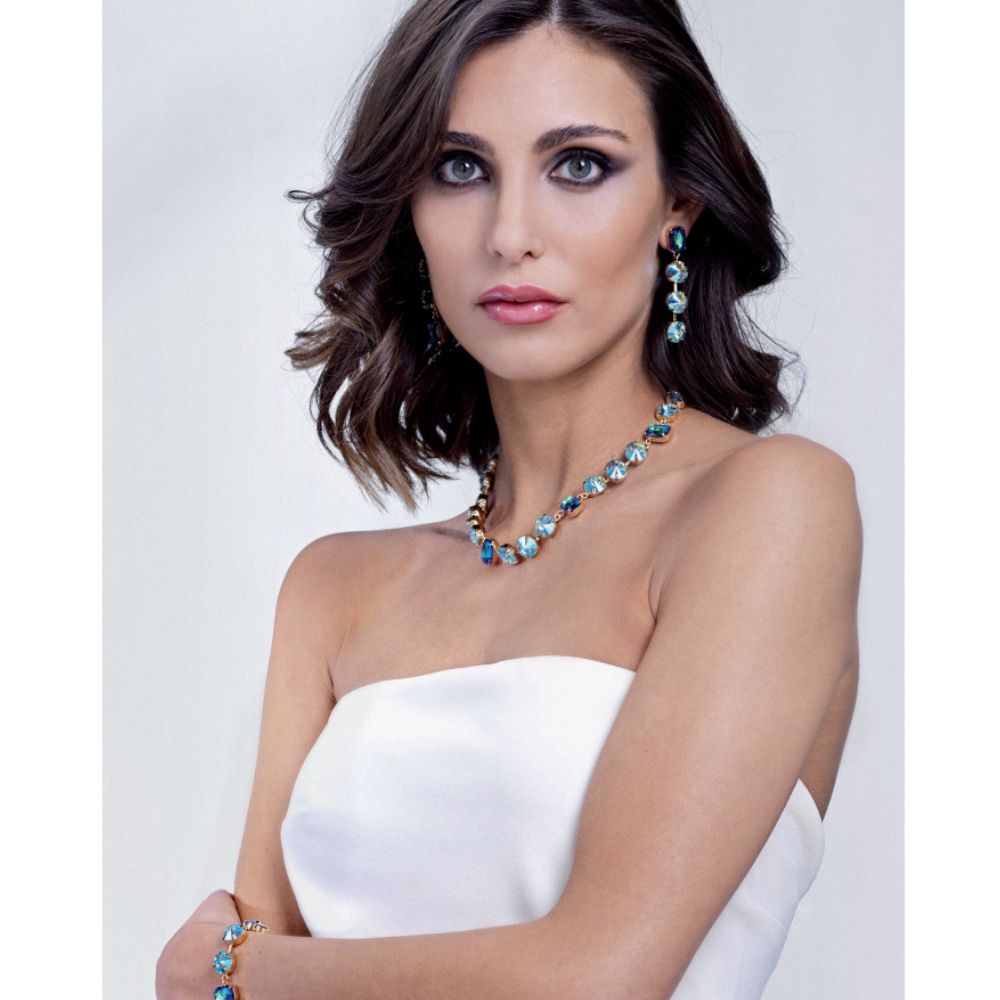 Orecchini Donna Ottaviani Bronzo Dorato Zirconi Blu Tondo Quadrato 500955O