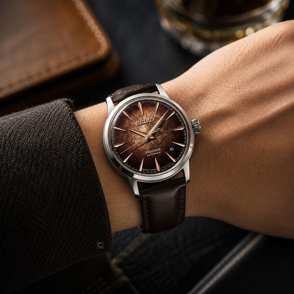 Orologio Uomo Seiko Presage Marrone Whiskey Mist Cocktail Time Pelle HCB003J1