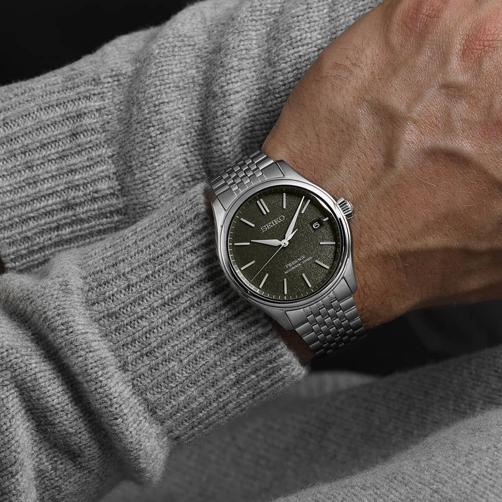 Orologio Uomo Seiko Presage Automatico Verde Seta Acciaio Data SPB465J1