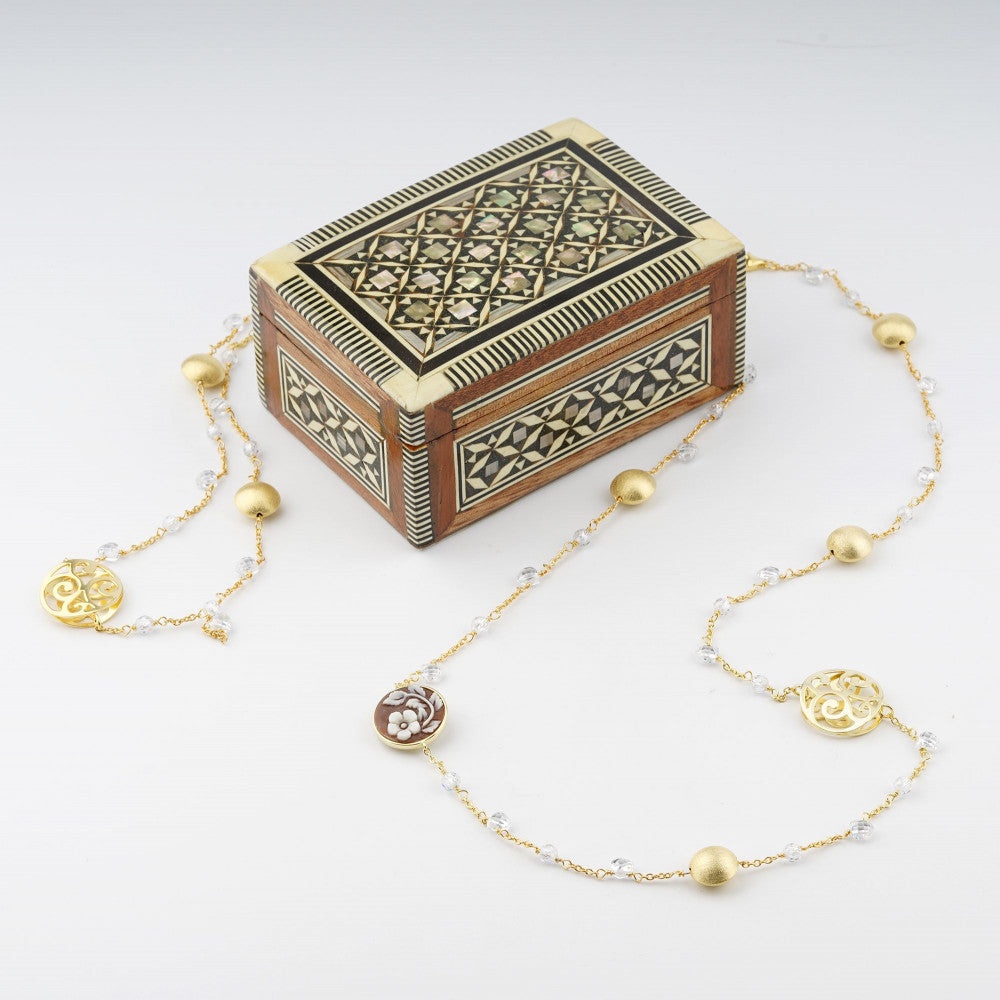 Collana Donna Cameo Italiano Argento Dorato 925 Fiore Cammeo Biglie Lavorate C1-G