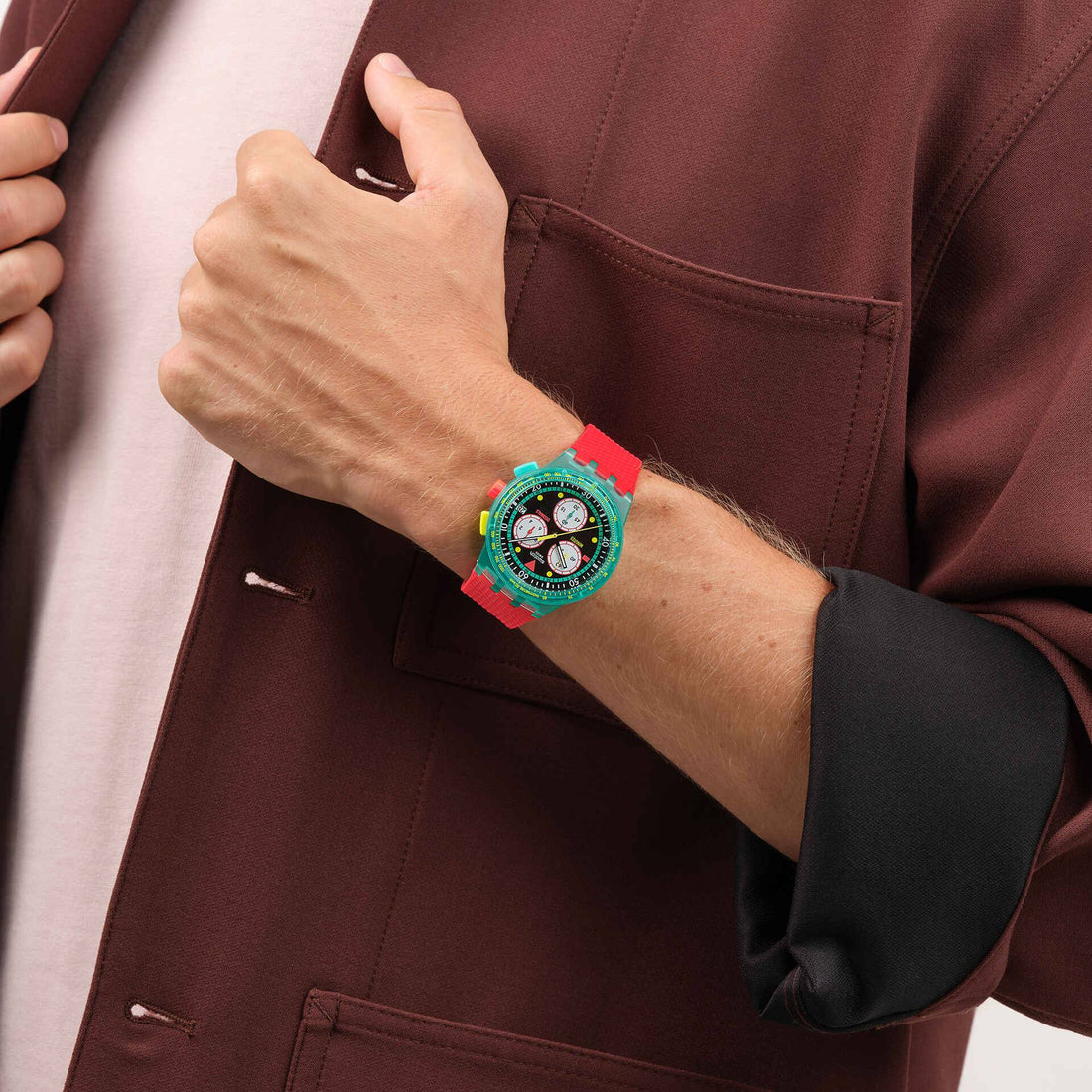 Orologio Unisex Swatch Neon Emerald Chrono 1990 Rosso Data SUSG409