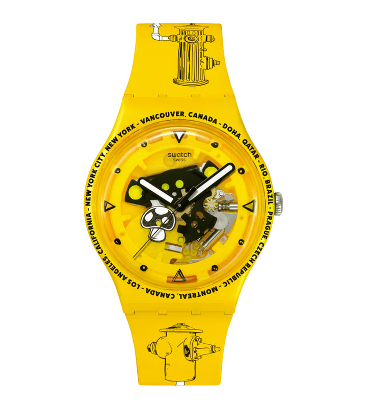Orologio Unisex Swatch TIME WITH ANDY ANDERSON Nero SCheletrato Giallo SO29J101