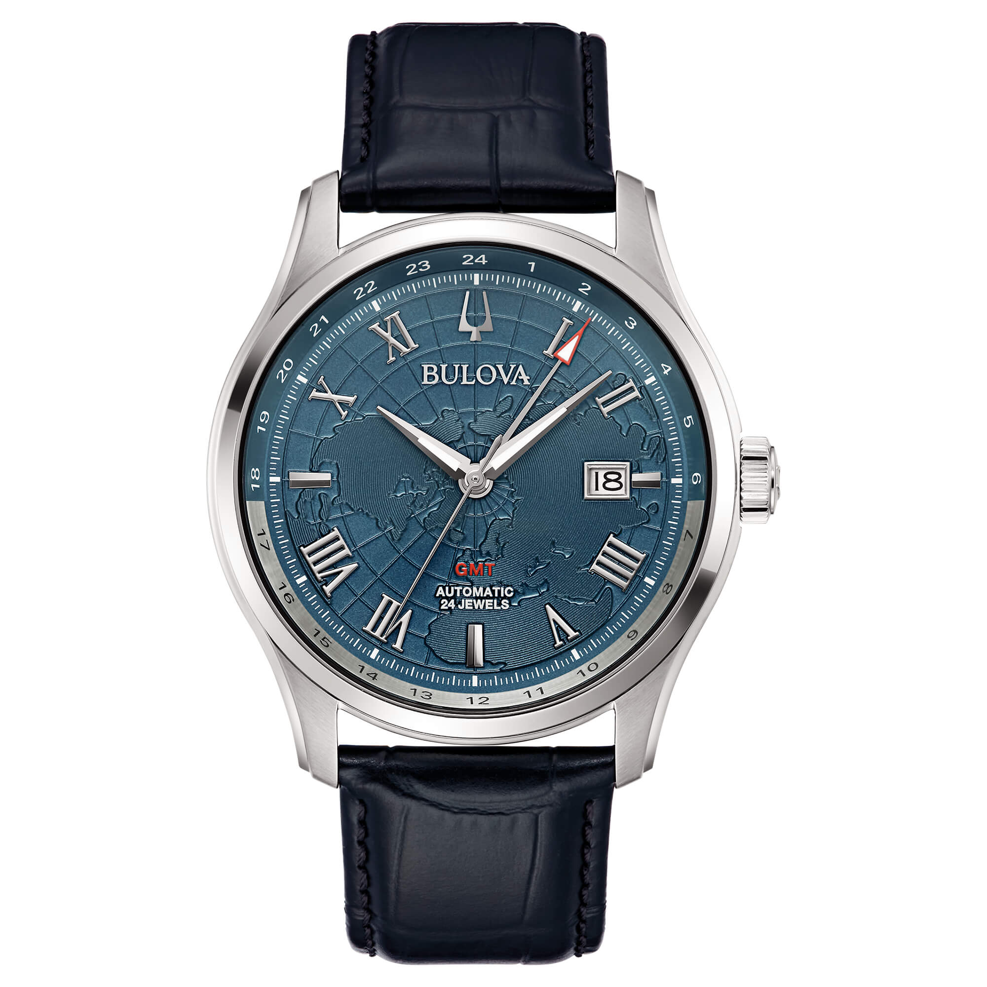 Orologio Uomo Bulova Automatico GMT Wilton Blu Acciaio Data Pelle Nero 96B385