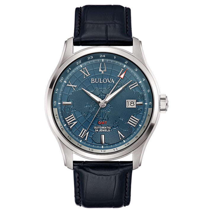 Orologio Uomo Bulova Automatico GMT Wilton Blu Acciaio Data Pelle Nero 96B385