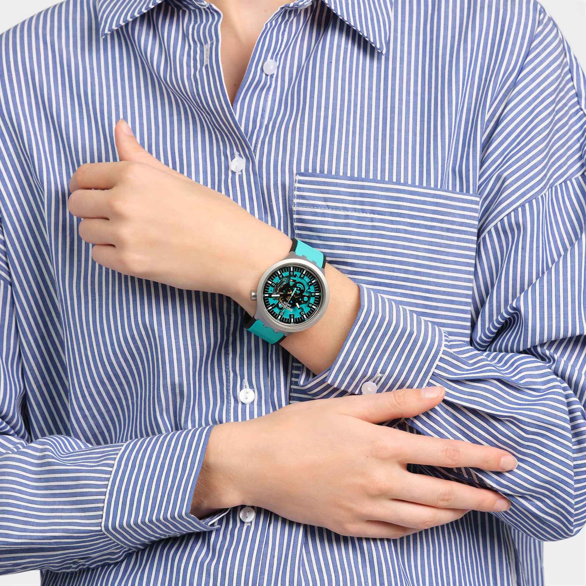 Orologio Unisex Swatch Acciaio Big Bold Mint Trim Gomma Turchese Scheletrato SB07S111