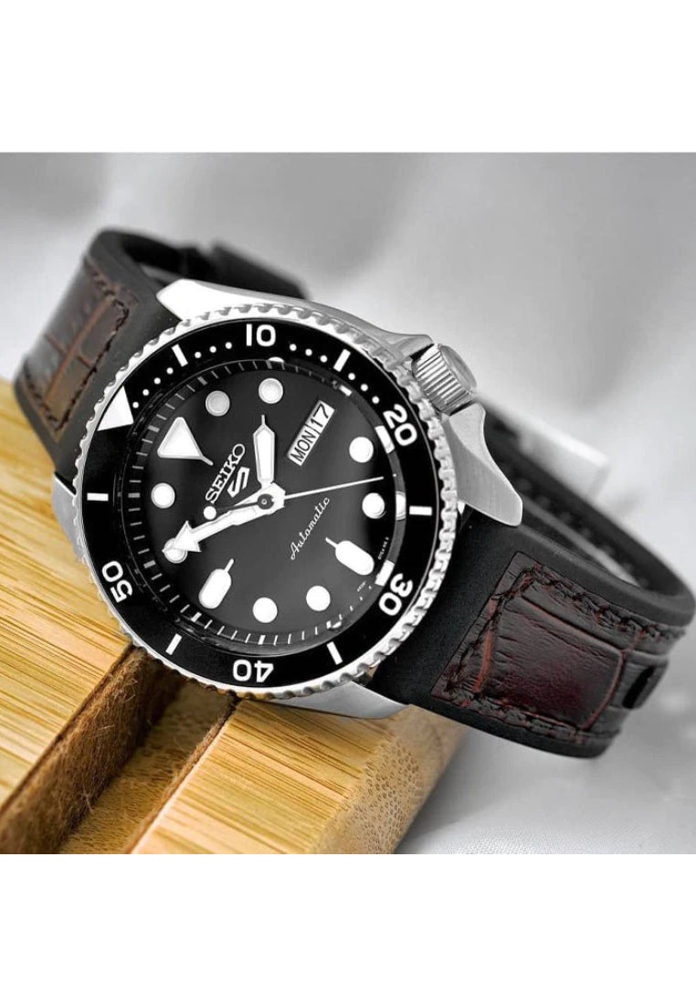 Orologio Uomo Seiko 5 Automatico Doppia Data Nero Acciaio Cinturino Pelle SRPD55K2