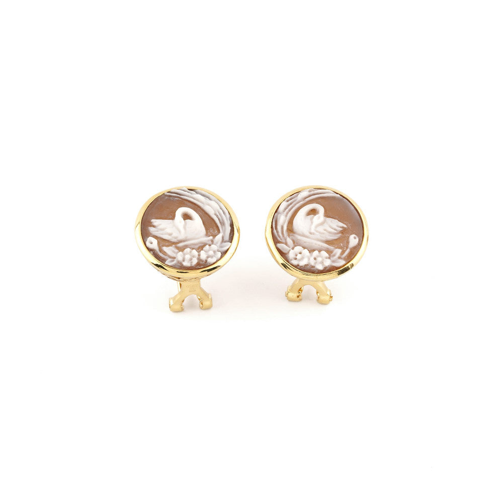 Orecchini Donna Cameo Italiano Argento Dorato 925 Pavone Inciso Cammeo Marrone O5201-G