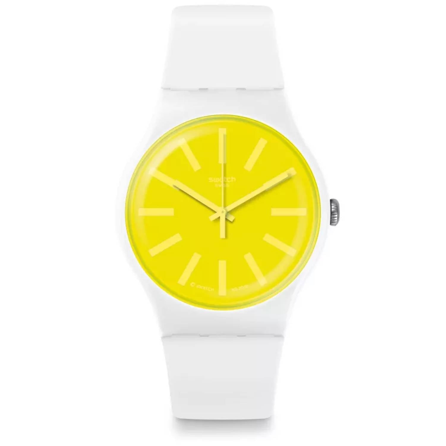 Orologio Uomo Gomma Swatch Quarzo Solo Tempo Giallo Bianco Lemoneon SUOW165