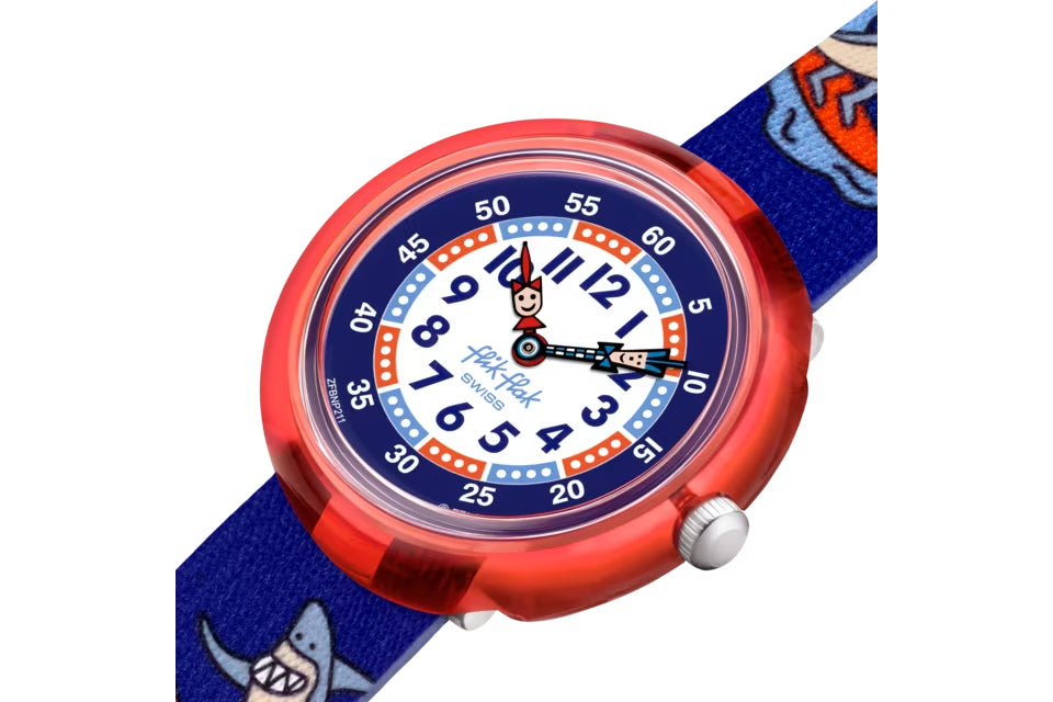 Orologio Bambino Swatch Flik Flak Yeeew Squalo Quarzo Solo Tempo Blu Rosso ZFBNP211