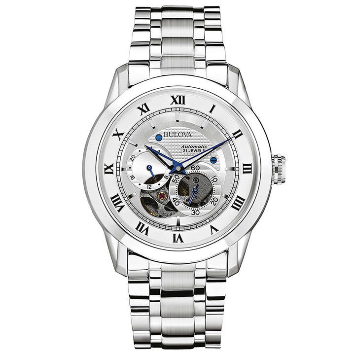 Orologio Uomo Bulova Automatico Sutton Bianco Acciaio Blu Open Heart 96A118