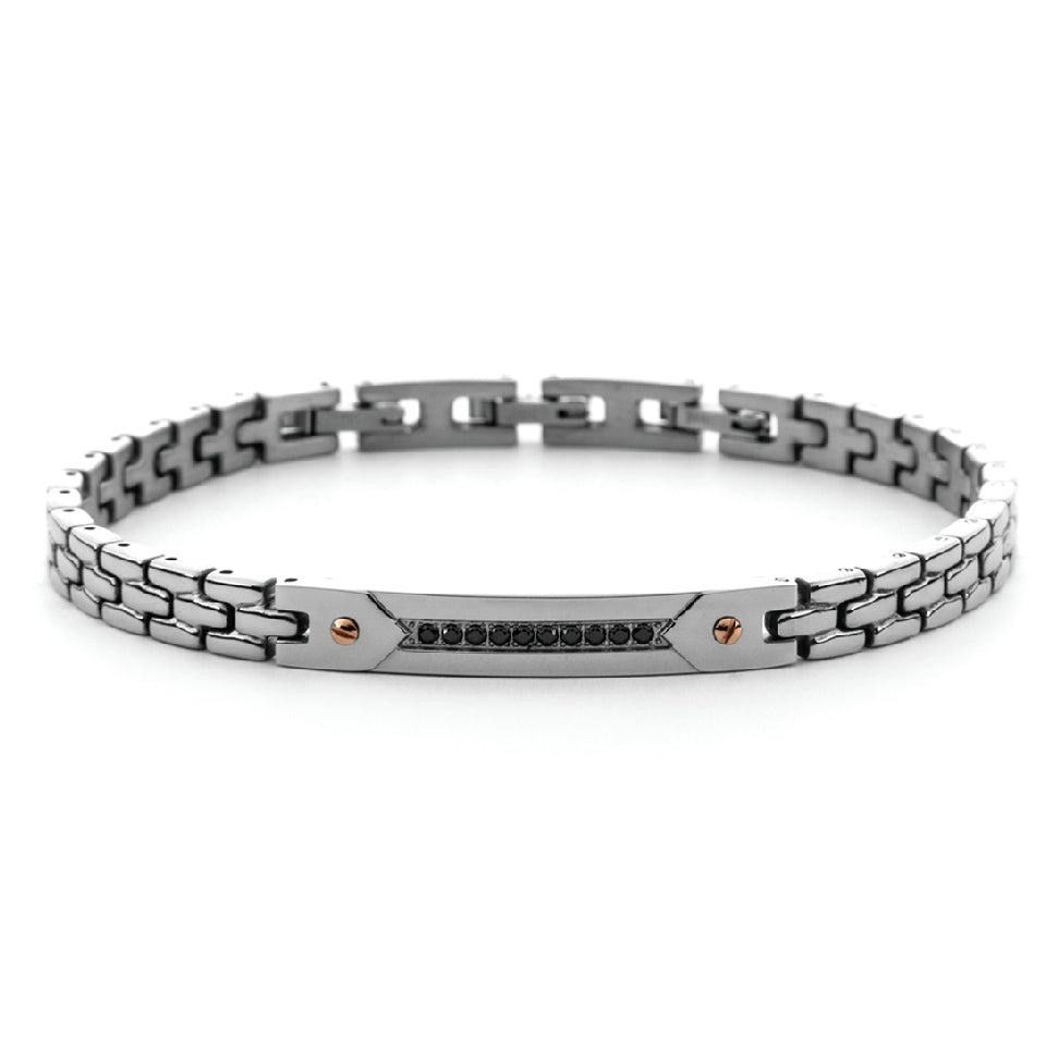 Bracciale 4US Cesare Paciotti Targhetta Acciaio Zirconi Neri 4UBR7574