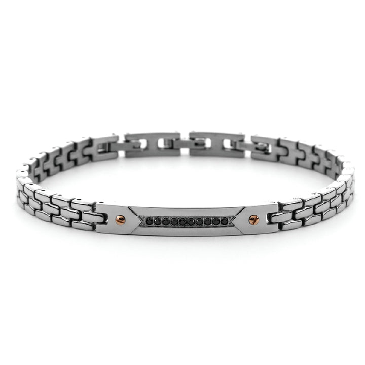 Bracciale 4US Cesare Paciotti Targhetta Acciaio Zirconi Neri 4UBR7574