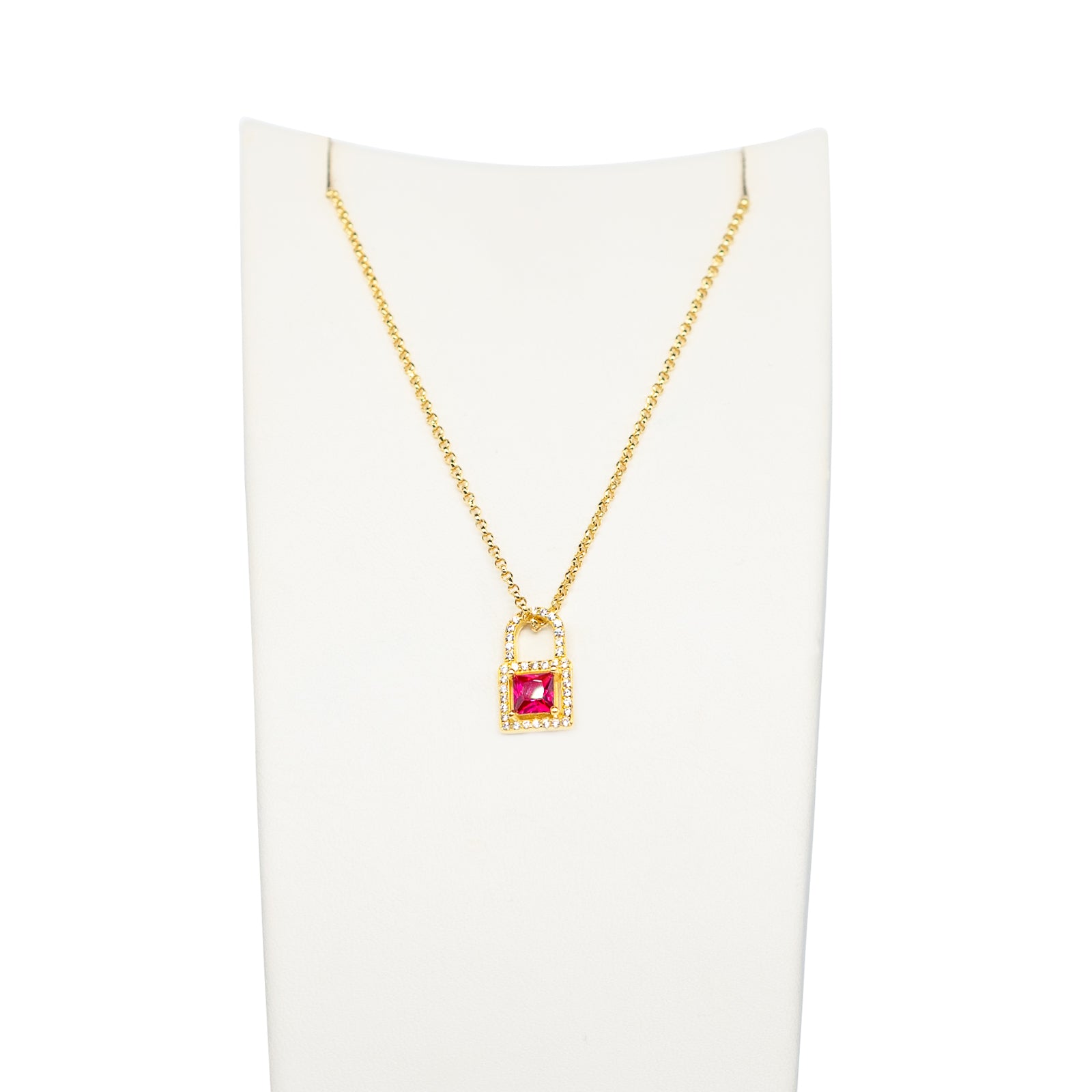 Collana Donna Re Mida Argento 925 Dorato Lucchetto Con Zirconi Bianchi E Pietra Rubino C037