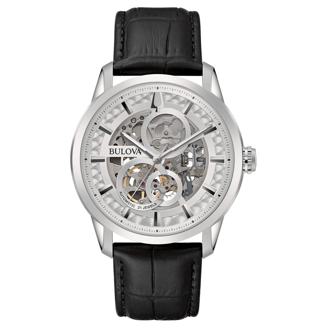 Orologio Uomo Bulova Automatico Sutton Scheleton Pelle Nero Acciaio 96A266