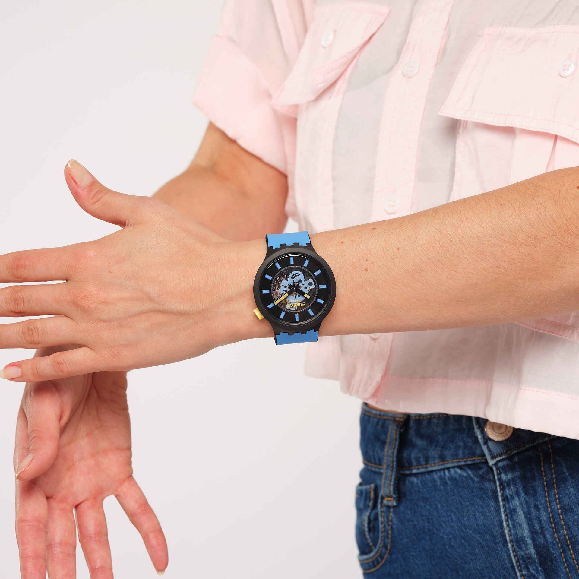 Orologio Uomo Swatch Quarzo Solo Tempo Bioceramic Scheletrato Azzurro SB03B108