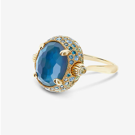 Anello Donna Nanis  "DANCING REVERSE" double face in in oro, diamanti blu, topazio azzurro swiss, zaffiri verdi e topazio London blu AS6-584