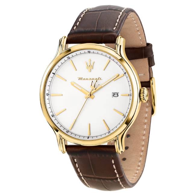 Orologio Uomo Maserati Epoca Slim Bianco Acciaio Dorato Pelle Marrone Quarzo Data R8851118018