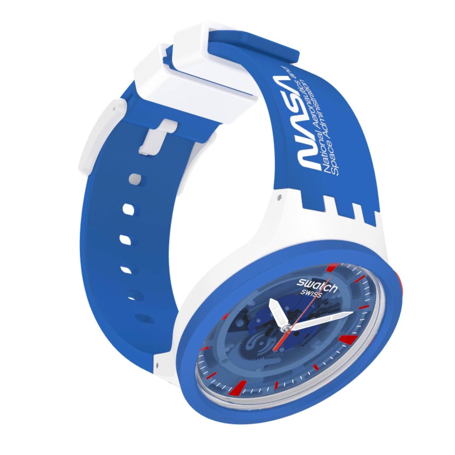 Orologio Uomo Swatch Quarzo Solo Tempo Nasa Scheletrato Nasa Blu Bianco SB03Z100