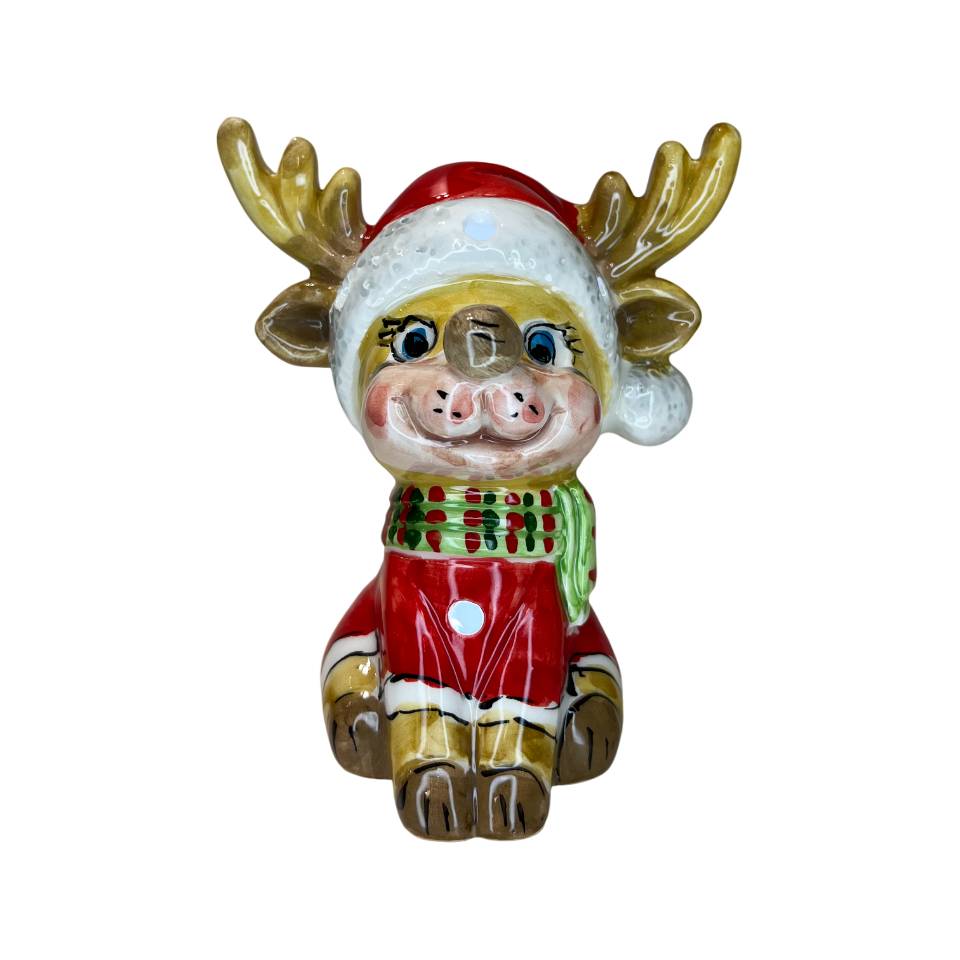 Renna Piccola Capodimonte Led Maglione Rosso Sciarpa Verde 13cm CAP34