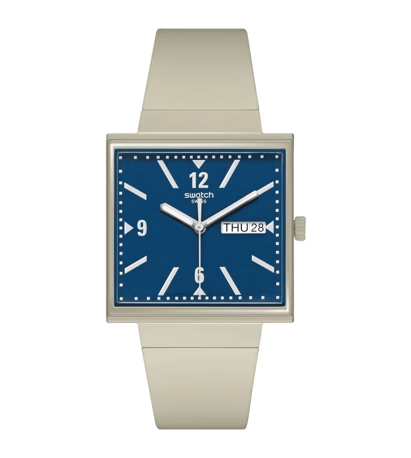 Orologio Unisex Swatch What IF Cassa Quadrata Beige Quarzo Doppia Data Blu SO34T700
