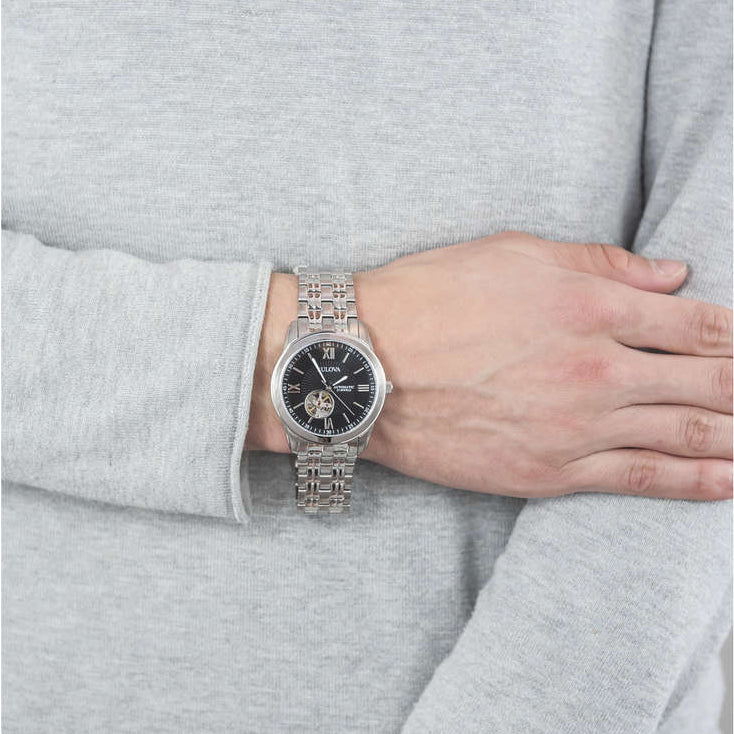 Orologio Uomo Bulova Automatico Numeri Romani Acciaio Nero Open Heart 96A158