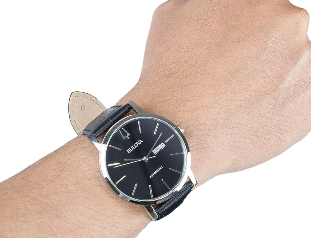 Orologio Uomo Bulova Automatico Clipper Pelle Nero Acciaio Day-Date 96C131