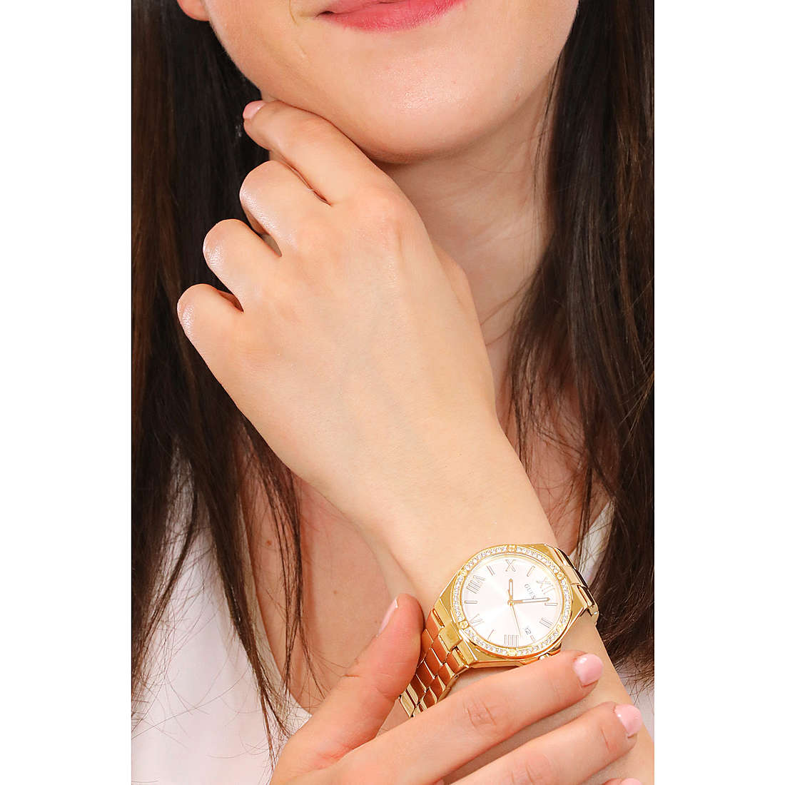 Orologio Donna Guess Quarzo Solo Tempo Acciaio Dorato Zirconi Data GW0286L2