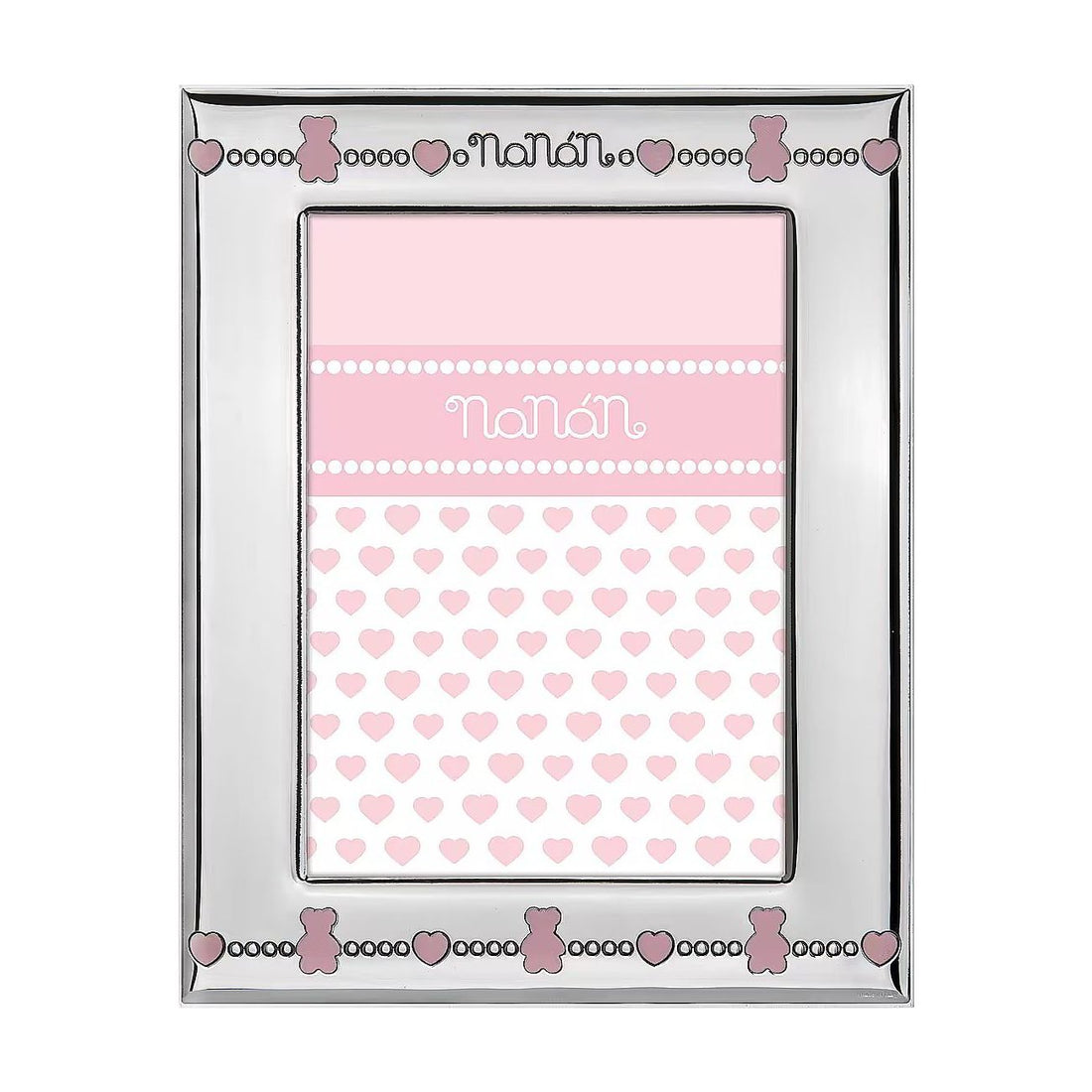 Cornice Bambina Nanan Laminato Argento Orsetti Cuori Smalto Rosa 9x13 cm NCO0010