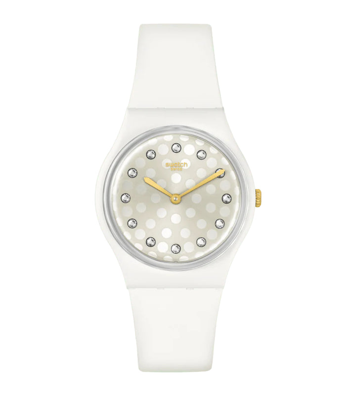 Orologio Donna Swatch Bioceramica Quarzo Solo Tempo Bianco Zirconi Oro SO31W109
