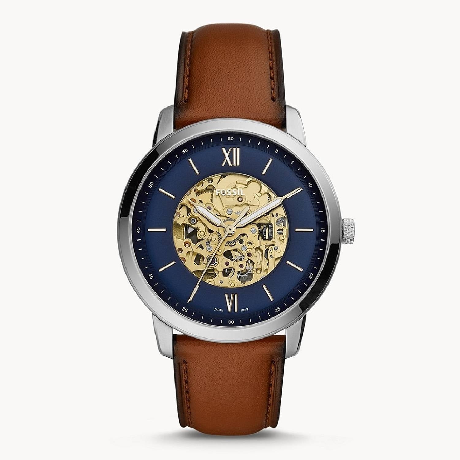 Orologio Uomo Acciaio Fossil Solo Tempo Automatico Scheletrato Blu Pelle ME3160